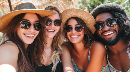 Young people take selfies on vacation. Different nationalities. Holidays at sea. Horizontal format.の素材