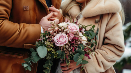 Hands of a couple with an engagement ring and a bouquet. A man and a woman in a coat. Macro photography. Copy space.の素材