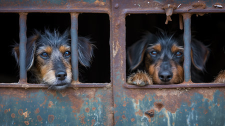 Two black small dogs in a metal cage. Catching stray dogs. Copy space.の素材