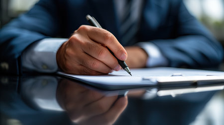 A man in a suit signs documents on the table. Macro photography. Copy space.の素材