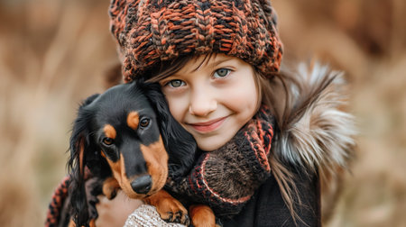 A girl hugs her dog. Dachshund breed dog. Copy space. Horizontal format.の素材
