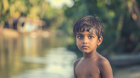 A sad Hindu boy stands by the river. Poor population. Horizontal format.の素材