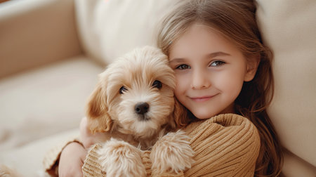 A girl hugs her dog on the sofa at home. Beige shades. Maltese dog breed. Copy space.の素材