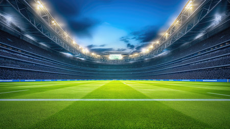 The football stadium is empty during the day. Clean grass with markings. Copy space. Horizontal format.の素材