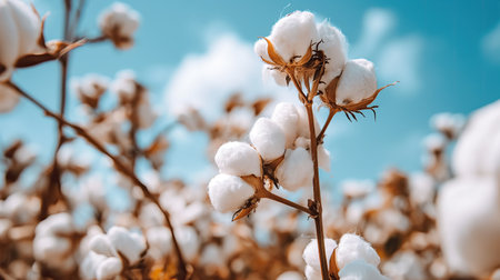 Wallpaper Cotton plantations. Cotton background. Gentle colors. Realism. Horizontal format. Copy space.の素材