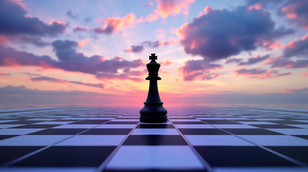 King of chess pieces on the board. Sunset sky in the background. Horizontal format. Copy space.の素材