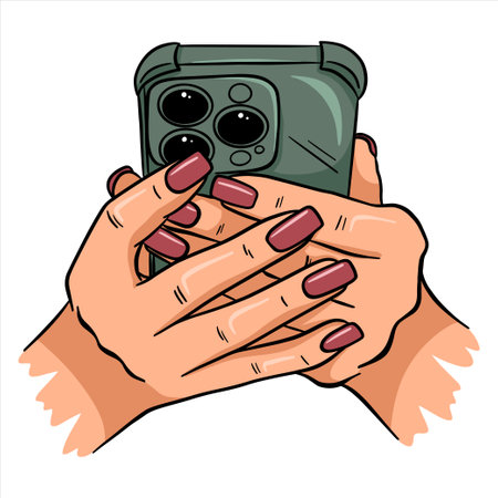 Female hands holding a phone. Taking a photo or looking at the screen. Illustration on a white background in line style.のイラスト素材