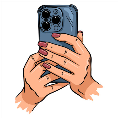 Female hands holding a phone. Taking a photo or looking at the screen. Illustration on a white background in line style.のイラスト素材