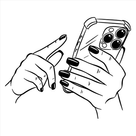 Female hand holding a phone, swiping. Illustration on a white background in line style.のイラスト素材
