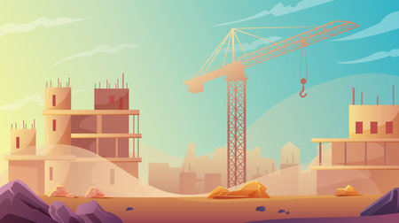 Construction site background. Sand unfinished houses, without people construction crane. Vector illustration wallpaper.のイラスト素材