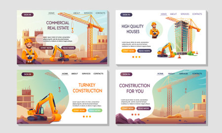 Set of Start pages for a construction company that builds houses. Construction equipment on a construction site. Vector illustrations in cartoon style. Website template.のイラスト素材