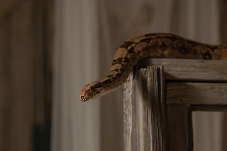 Close-up of snake resting on wooden frameの写真素材