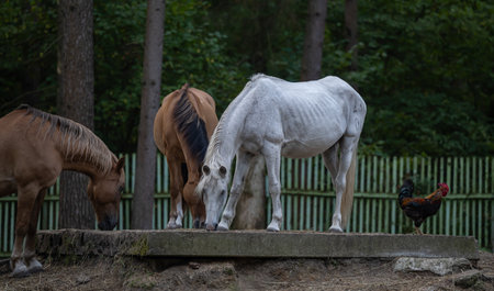 Horses and rooster grazing in rural enclosureの写真素材