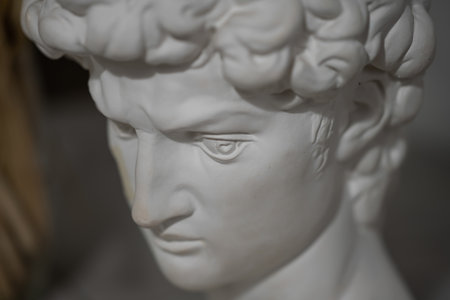 Detailed close-up of a classical marble bust sculpture's face, showing intricate facial features and texture in soft lighting.の写真素材