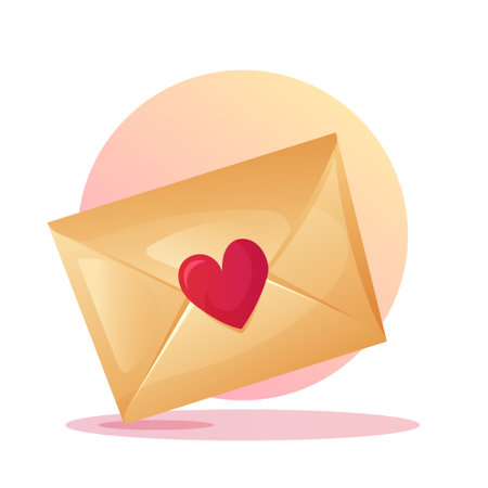 Vector illustration of an envelope sealed with a heart sticker in cartoon style on a white background. Perfect for Valentine Day, love letters, and romantic themes.のイラスト素材
