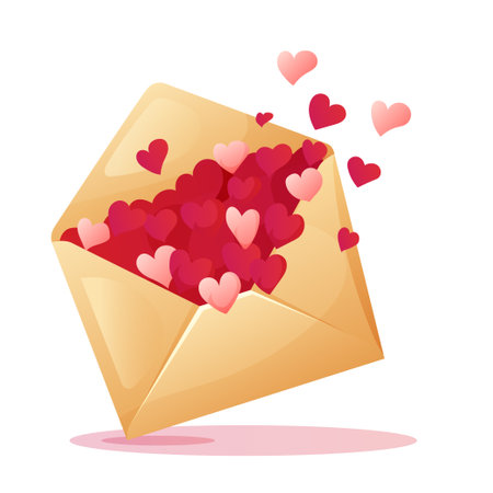 Vector illustration of an envelope overflowing with small pink and red hearts in cartoon style on a white background. Perfect for romantic and festive themes like Valentine Day.のイラスト素材
