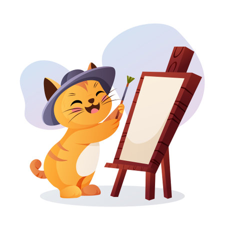 A cheerful cartoon cat wearing a hat holds a paintbrush and paints on a canvas set on a wooden easel. Bright vector illustration.のイラスト素材