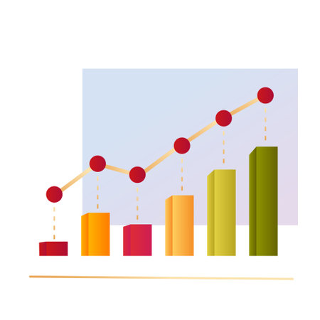 Vector illustration of a bar chart with a rising trend, showing business growth, financial progress, and statistical analysis.のイラスト素材