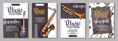 A set of four vector posters featuring an electric guitar, saxophone, and trumpet for a music festival or concertのイラスト素材