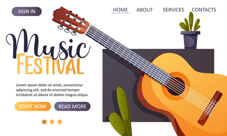 Vector landing page web template featuring an acoustic guitar on a dark background for a music festival or concertのイラスト素材