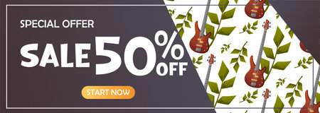 Horizontal music banner with bass guitar pattern and green leaves. Ideal for store promotions, seasonal sales, and advertising musical products.のイラスト素材