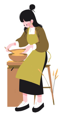 A stylish young woman in an apron works diligently in the kitchen, mixing ingredients in a bowl. This modern illustration captures the essence of culinary creativity and joy.のイラスト素材