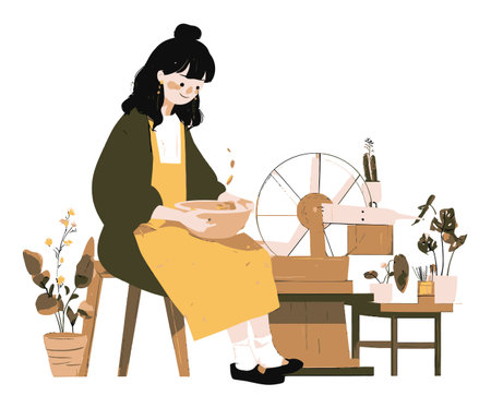 A charming illustration of a woman crafting pottery at a wheel, surrounded by plants and a cozy workspace. Ideal for creative projects and artistic themes.のイラスト素材