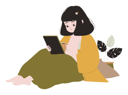 This charming illustration features a young woman writing in a notebook while surrounded by indoor plants. It captures a cozy and creative atmosphere perfect for relaxation and inspiration.のイラスト素材