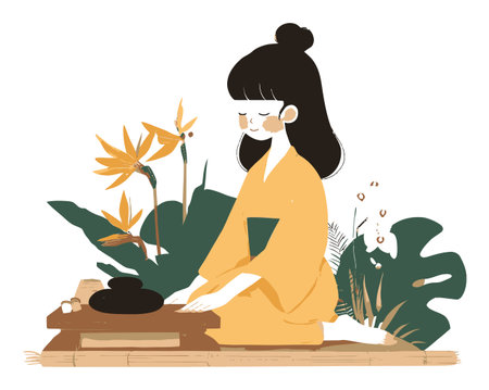 Bright and cheerful illustration of a woman in a kimono surrounded by flowers and greenery, portraying a moment of relaxation and tranquility in nature.のイラスト素材