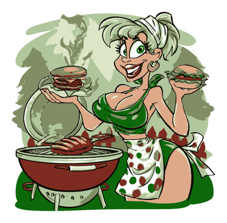 A lively cartoon woman joyfully cooking on a grill, with burgers and sausages. The character embodies fun and happiness, perfect for food-related themes.のイラスト素材