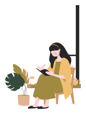 A serene illustration of a woman sitting on a chair, writing in her journal. Surrounded by plants, the scene captures a moment of tranquility and creativity in a cozy indoor space.のイラスト素材