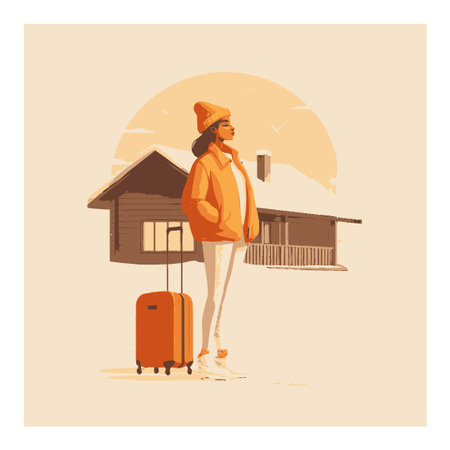 A vibrant cartoon illustration of a young woman standing with a suitcase beside a cozy house against a warm sunset, perfect for travel and lifestyle themes.のイラスト素材