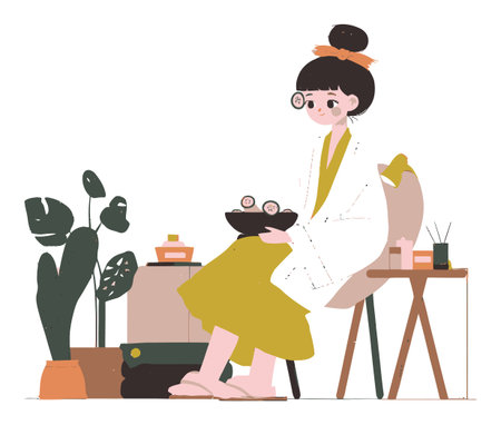 A charming illustration featuring a woman sitting comfortably at home, enjoying a healthy snack. Surrounded by plants and beauty products, this cozy scene reflects wellness and relaxation.のイラスト素材