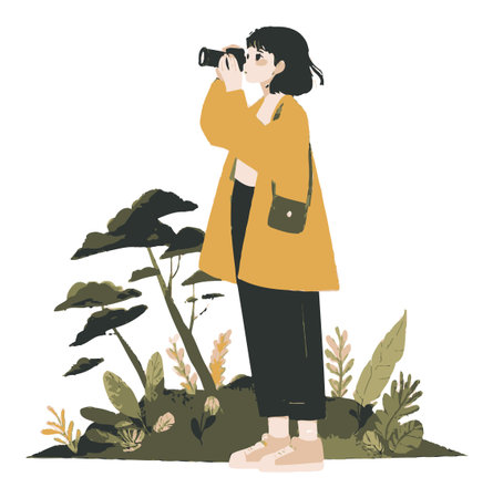 A stylish young woman captures the beauty of nature with her camera in this vibrant illustration, showcasing her passion for exploration and photography.のイラスト素材