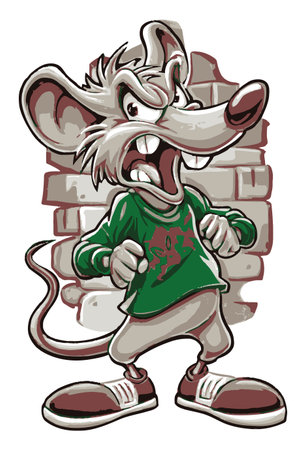 This vibrant cartoon mouse character displays an angry expression against a graffiti wall. The fun design captures a playful yet fierce attitude, making it a perfect illustration for various creative projects.のイラスト素材