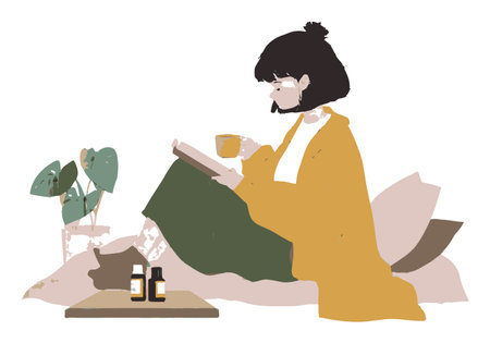 A heartwarming illustration of a person cozily reading a book with a cup of tea. Surrounded by indoor plants, the scene radiates tranquility and comfort, perfect for a relaxing moment.のイラスト素材