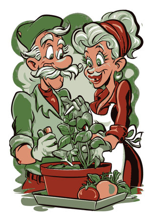 Delightful cartoon characters engage in gardening, showcasing joy and teamwork. The cheerful couple brings life to their garden with vibrant plants and vegetables.のイラスト素材