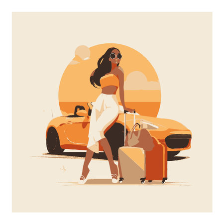 This vibrant cartoon vector features a stylish woman ready for travel next to a sporty car. Perfect for summer vacation themes and lifestyle illustrations.のイラスト素材