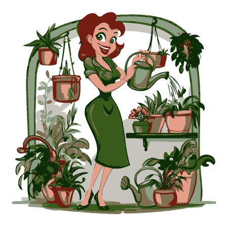 Cheerful cartoon woman joyfully waters plants in a cozy greenhouse filled with lush greenery and pots, celebrating the joy of gardening and plant care.のイラスト素材