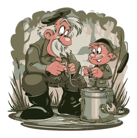 This charming cartoon illustration features a fisherman and a cheerful child bonding over fishing. The playful scene captures the joy of outdoor activities and family moments.のイラスト素材
