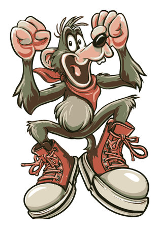 This vibrant cartoon character features an excited animal with oversized shoes and a joyful expression. Perfect for creative projects needing playful designs.のイラスト素材
