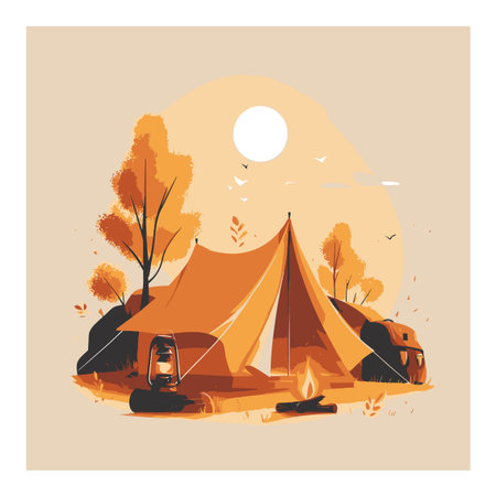 This vector illustration showcases a cozy camping scene featuring a tent, campfire, and vibrant autumn trees under a warm sun. Perfect for outdoor and adventure themes!のイラスト素材