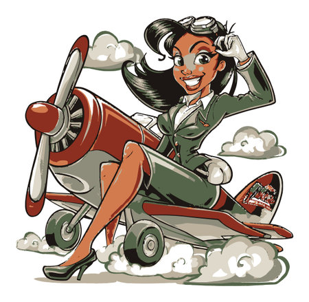 A vibrant cartoon illustration of a stylish female pilot confidently seated on a vintage airplane, surrounded by fluffy clouds. Perfect for aviation-themed projects.のイラスト素材