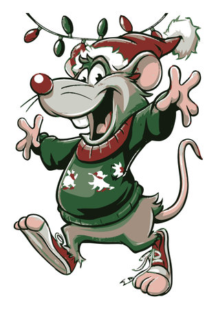 Vibrant cartoon mouse in a festive sweater and hat, joyfully dancing under Christmas lights. Perfect for holiday-themed designs and cheerful celebrations.のイラスト素材