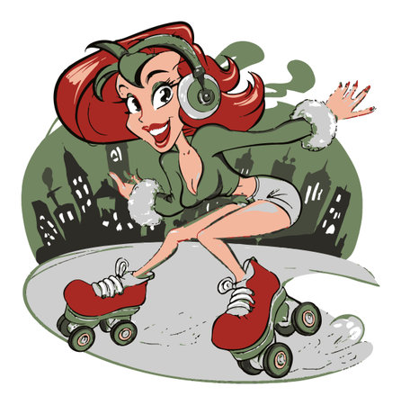 A playful cartoon illustration featuring a vibrant roller skater with red hair and headphones. Captures the joy of skating in a lively urban setting.のイラスト素材
