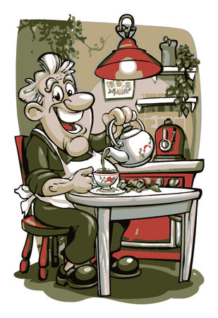 A cheerful cartoon grandfather happily pours tea in a cozy kitchen, showcasing warmth and hospitality. This delightful illustration captures a joyful moment in a domestic setting.のイラスト素材