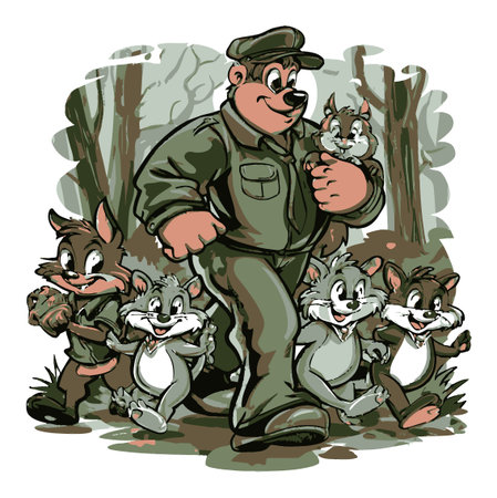 A whimsical cartoon illustration featuring a cheerful bear in a ranger outfit leading playful animals through a lush forest. Perfect for nature lovers!のイラスト素材