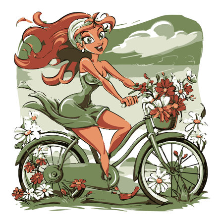 Vibrant cartoon illustration of a cheerful woman riding a bicycle adorned with flowers, enjoying a sunny day in nature. Perfect for spring-themed projects.のイラスト素材