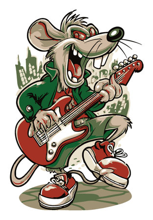 This colorful cartoon illustration depicts a lively mouse energetically playing an electric guitar, radiating rock star vibes. Perfect for music and fun themes!のイラスト素材