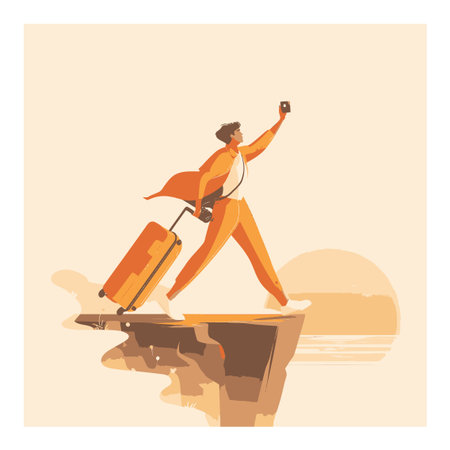 A vibrant illustration of a traveler taking a selfie with their luggage, set against a beautiful sunset at the coastline, capturing the spirit of adventure and exploration.のイラスト素材